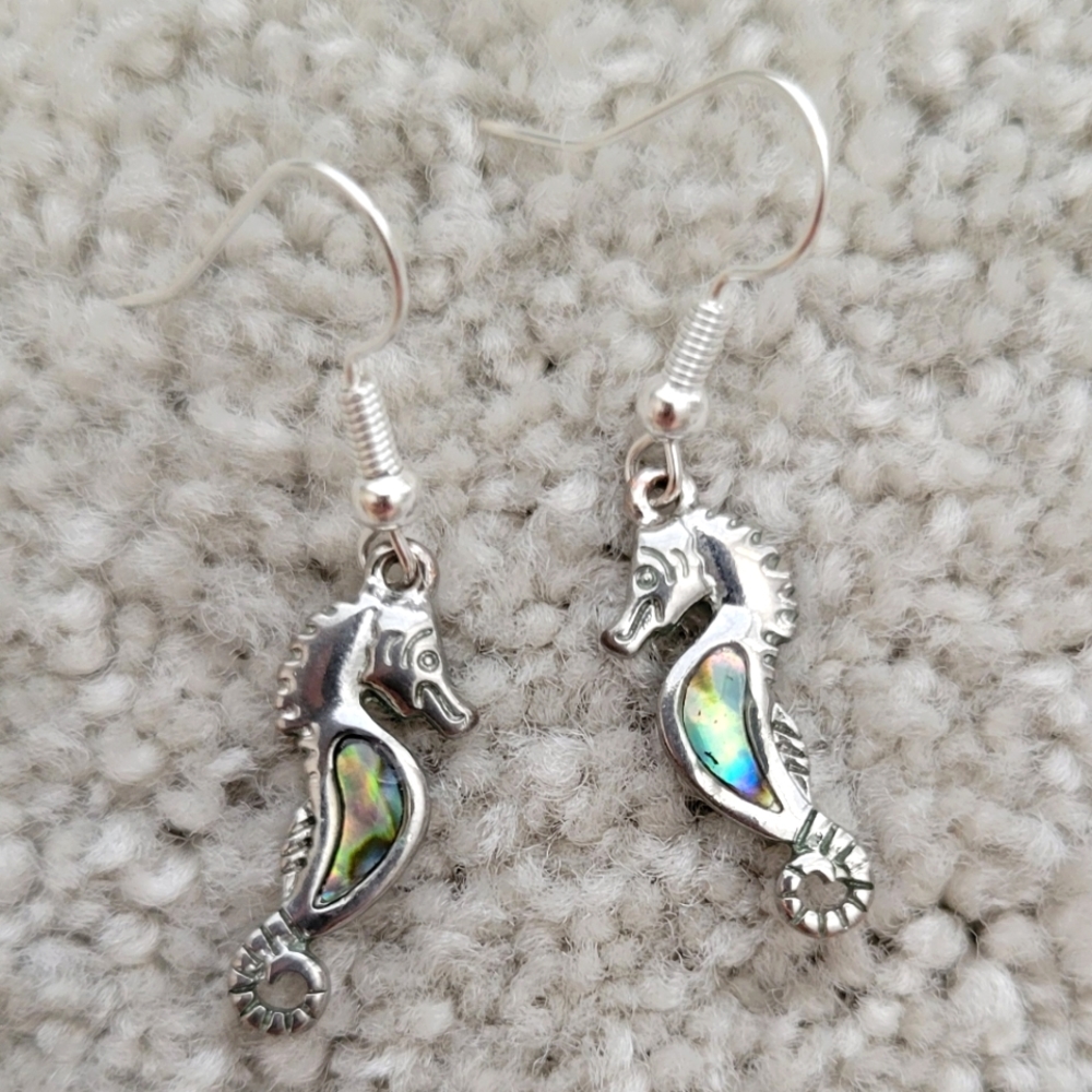 Cute Abalone Seahorse Silver Earrings Seahorse Earrings Silver Dangle Earrings - Picture 2 of 9